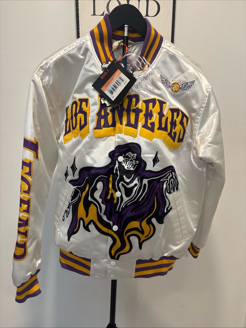 Los Angeles Satin Bomber Jacket in White, Purple & Gold
